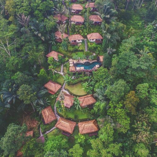 luftfoto over de smukke bungalows og poolområdet midt i junglen fra yogarejse til Bali