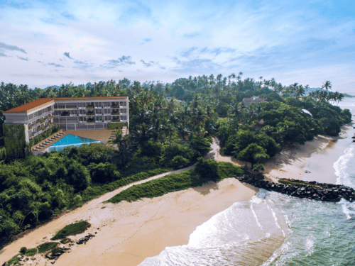Hotel, infinity pool, palmer og hvid sandstrand på Ayurveda Yoga Retreat på Sri Lanka
