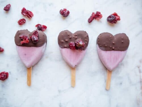 Hjemmelavede lyserøde hjerte skyr ispinde med chokolade top og tørrede tranebær