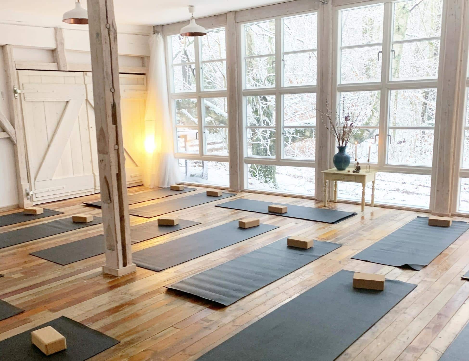 Yogasal med udsigt til sneklædte skove på Yoga Retreat i Sverige